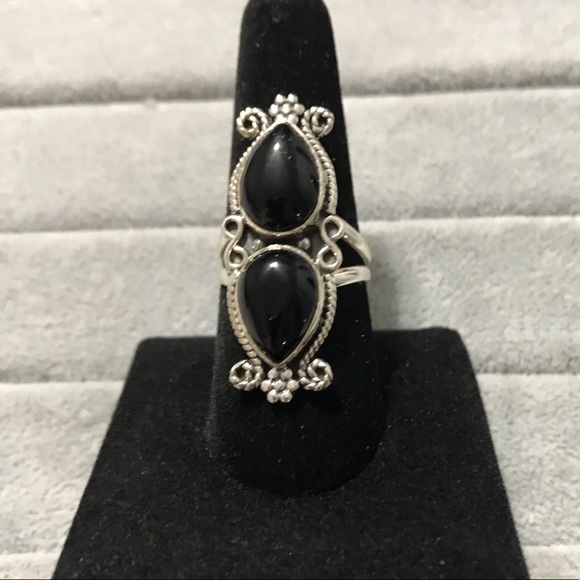 New Genuine Sterling Silver Black Onyx Double Stone Ring Size 8.5-8.75 Crystal - Picture 5 of 16